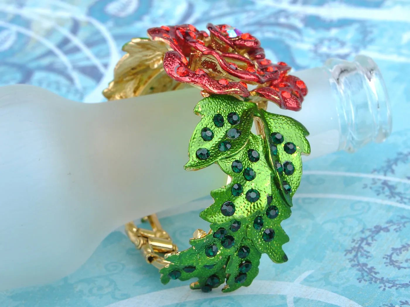 Ruby Emerald Rose Flower Leaf Bracelet Bangle Cuff