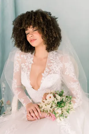 Single tier veil - Angel cut veil with pearls - Illusion tulle veil