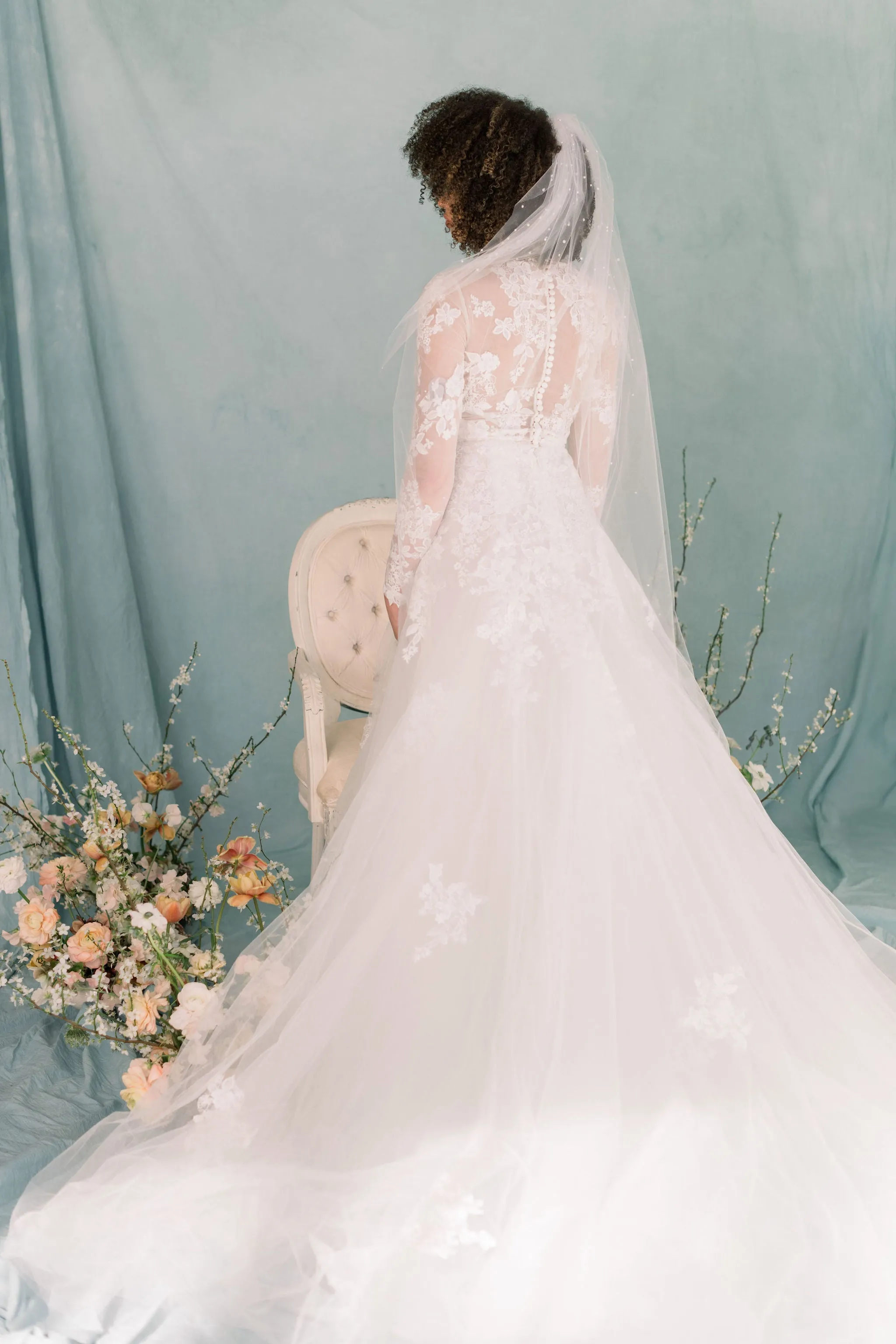 Single tier veil - Angel cut veil with pearls - Illusion tulle veil