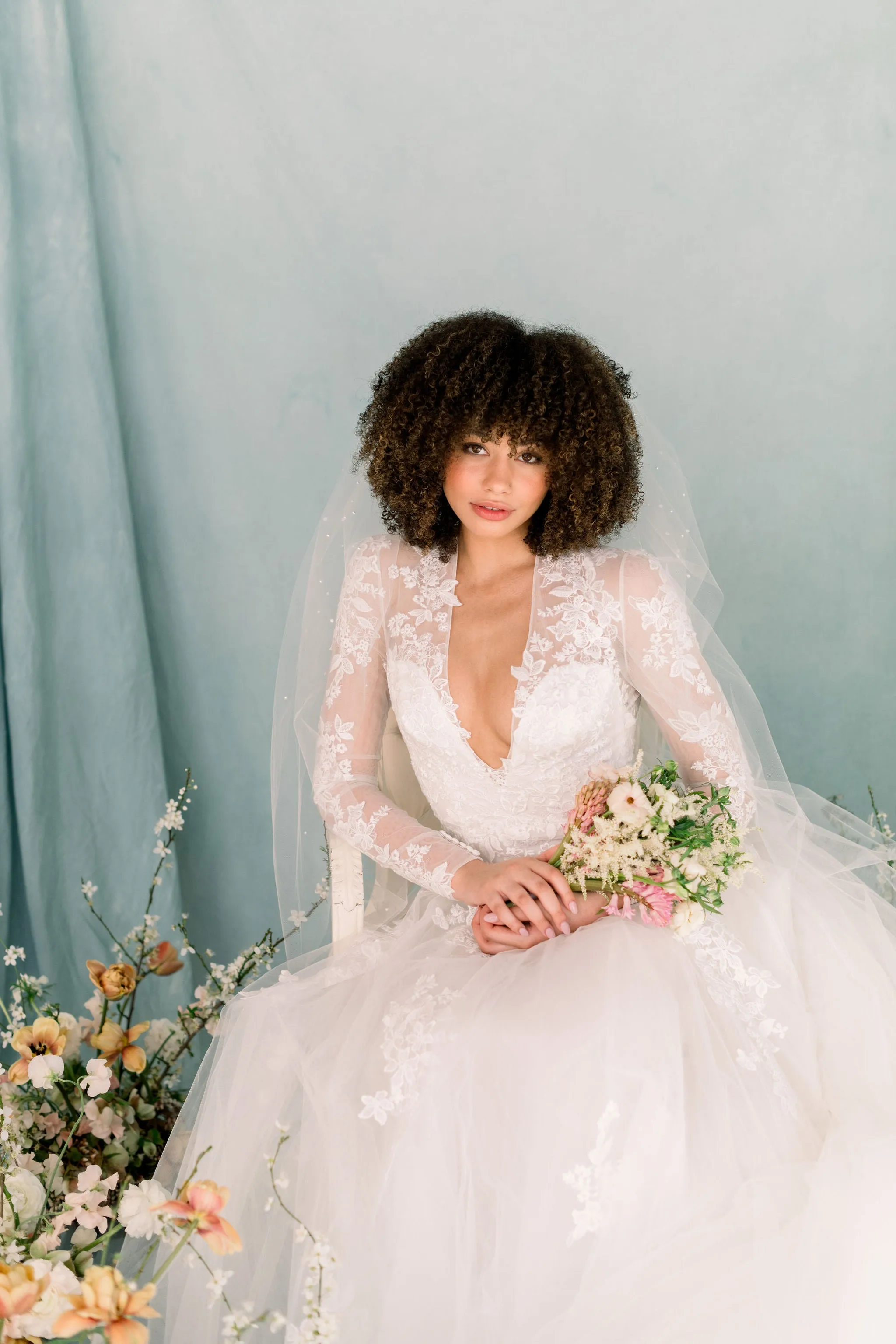 Single tier veil - Angel cut veil with pearls - Illusion tulle veil
