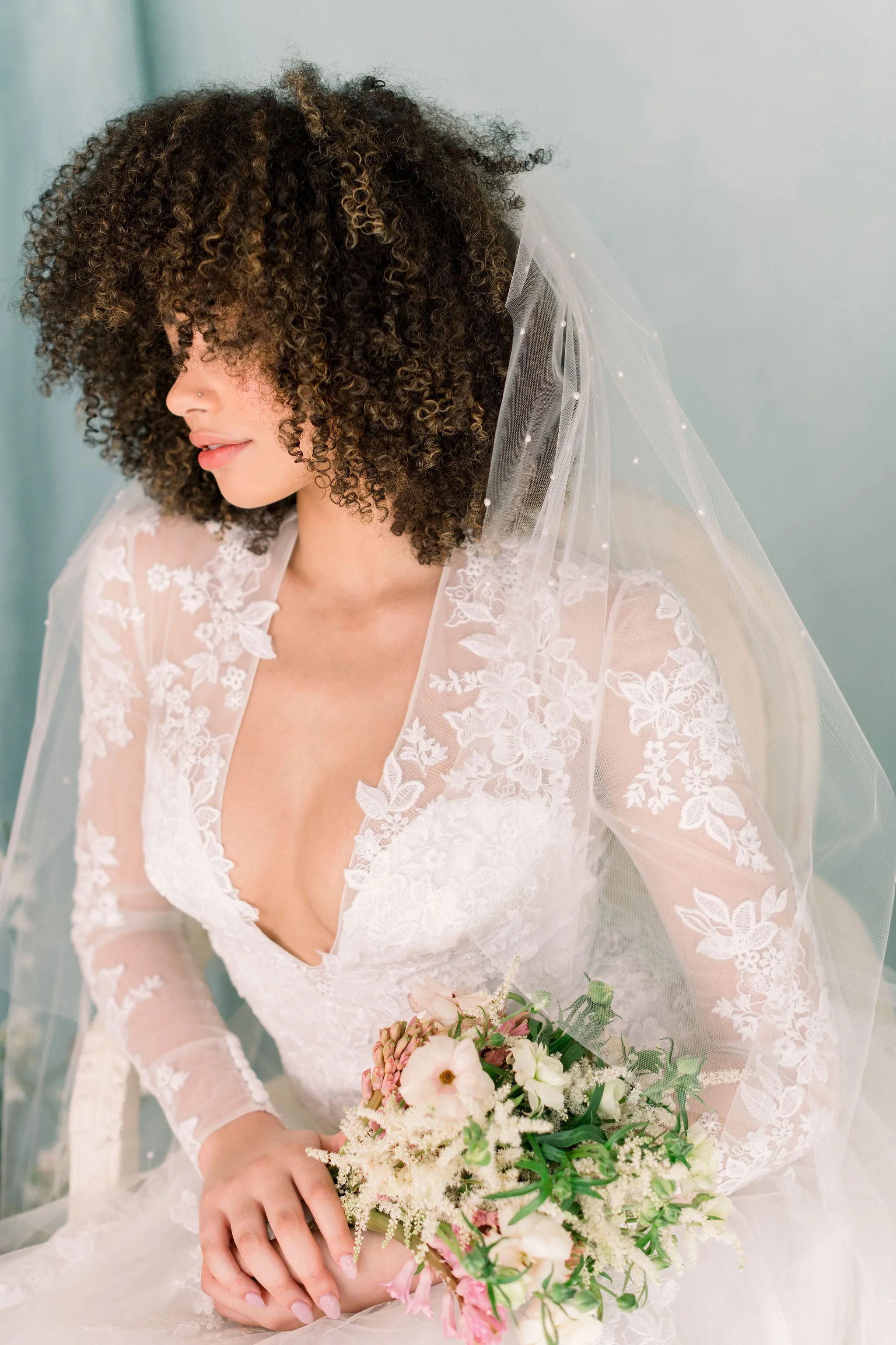 Single tier veil - Angel cut veil with pearls - Illusion tulle veil