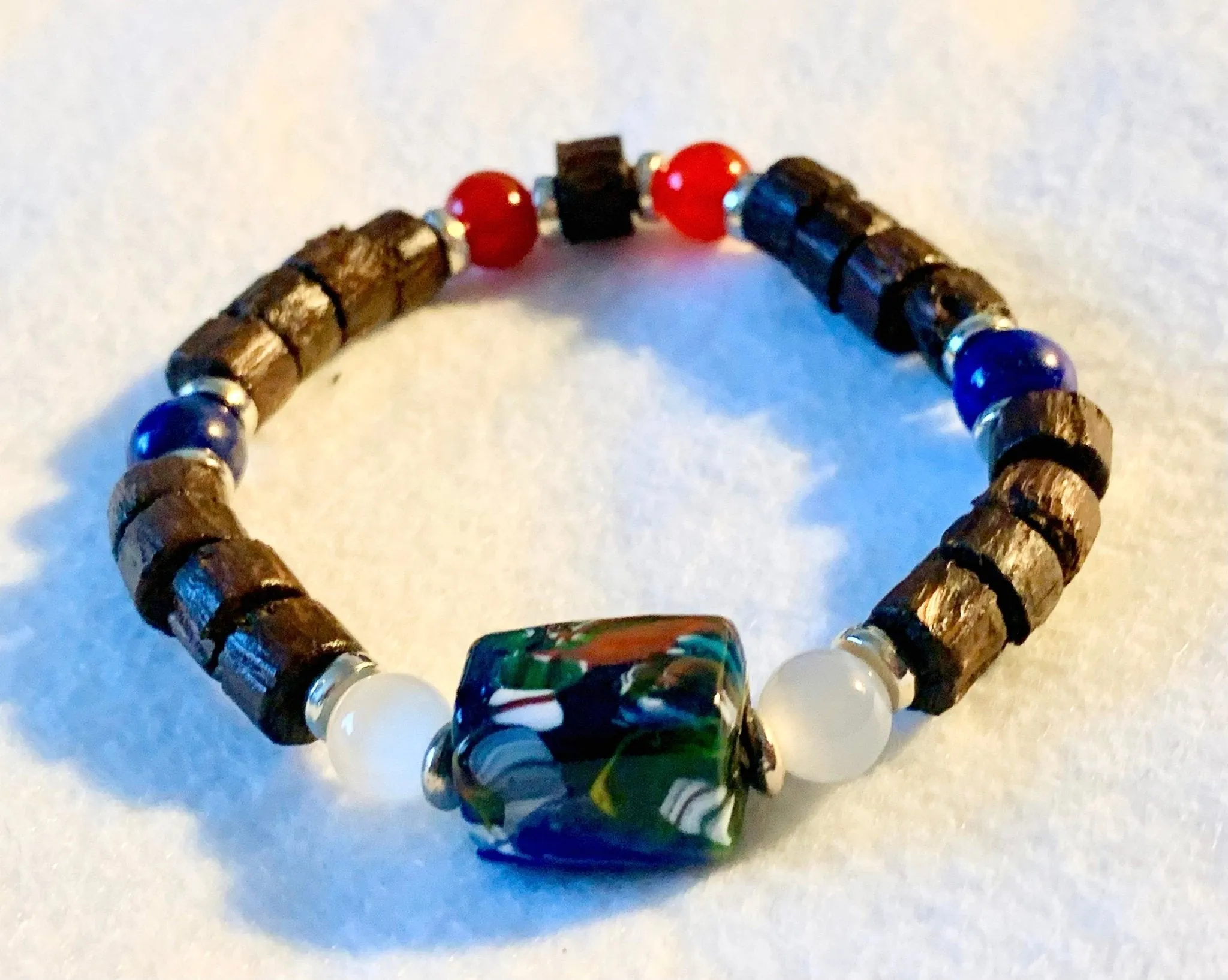 🔴SOLD🔴Oren Handmade Wood, Cats Eye, Lapis Lazuli, and Carnelian Expandable Bracelet