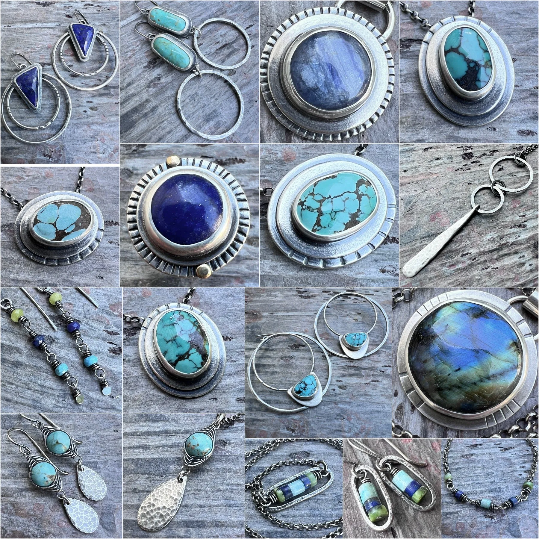 Sterling Silver Genuine Stone Earrings | Amazonite, Lapis Lazuli, and Chrysoprase in Hammered Oval Dangles