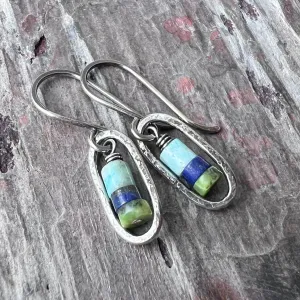 Sterling Silver Genuine Stone Earrings | Amazonite, Lapis Lazuli, and Chrysoprase in Hammered Oval Dangles