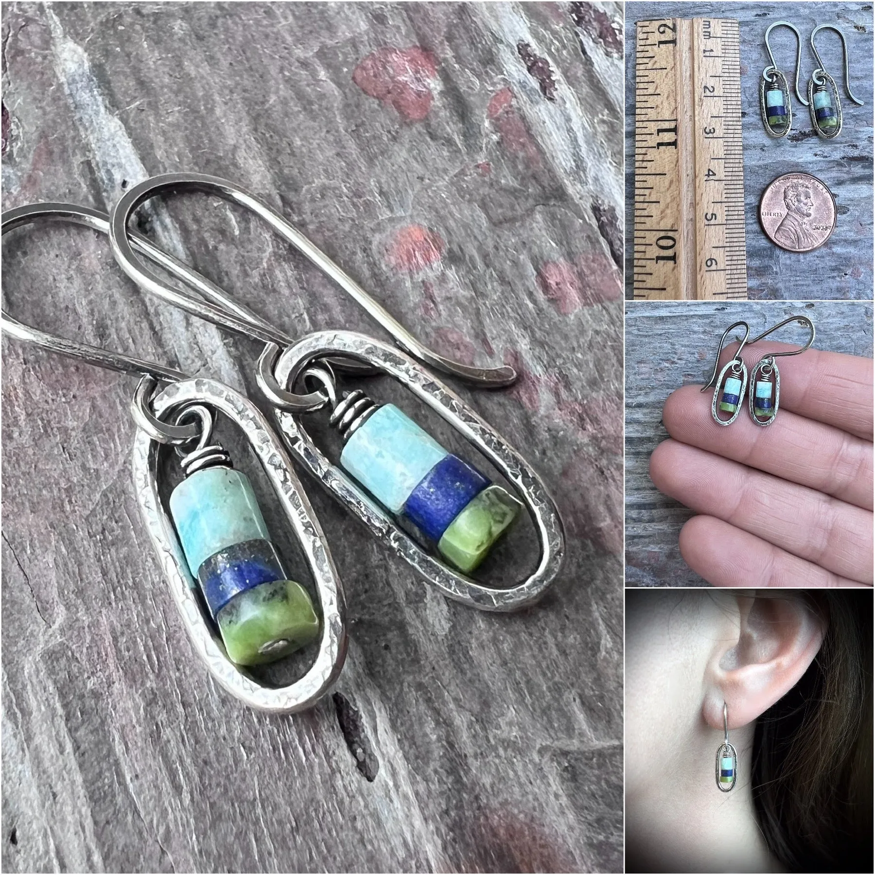Sterling Silver Genuine Stone Earrings | Amazonite, Lapis Lazuli, and Chrysoprase in Hammered Oval Dangles