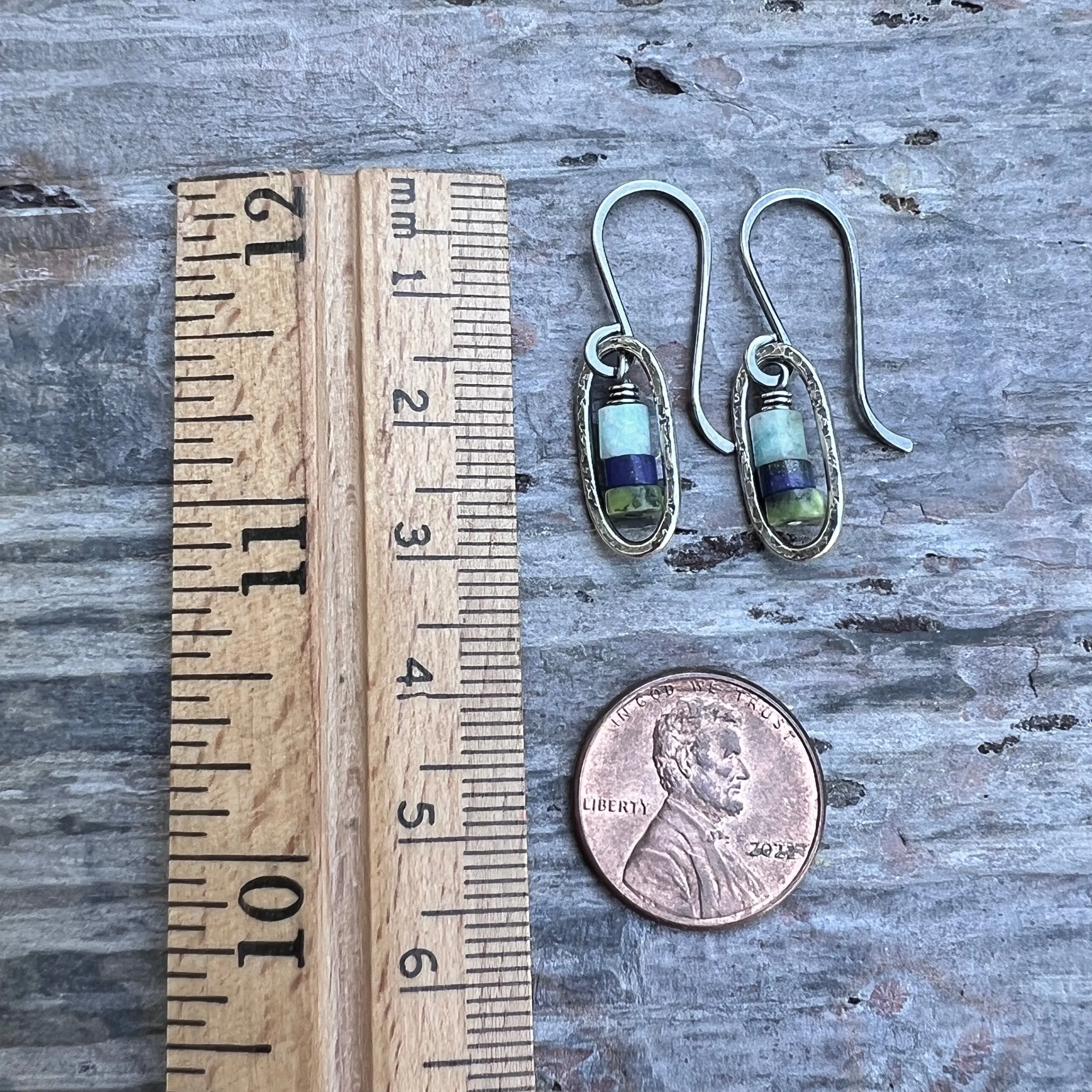 Sterling Silver Genuine Stone Earrings | Amazonite, Lapis Lazuli, and Chrysoprase in Hammered Oval Dangles