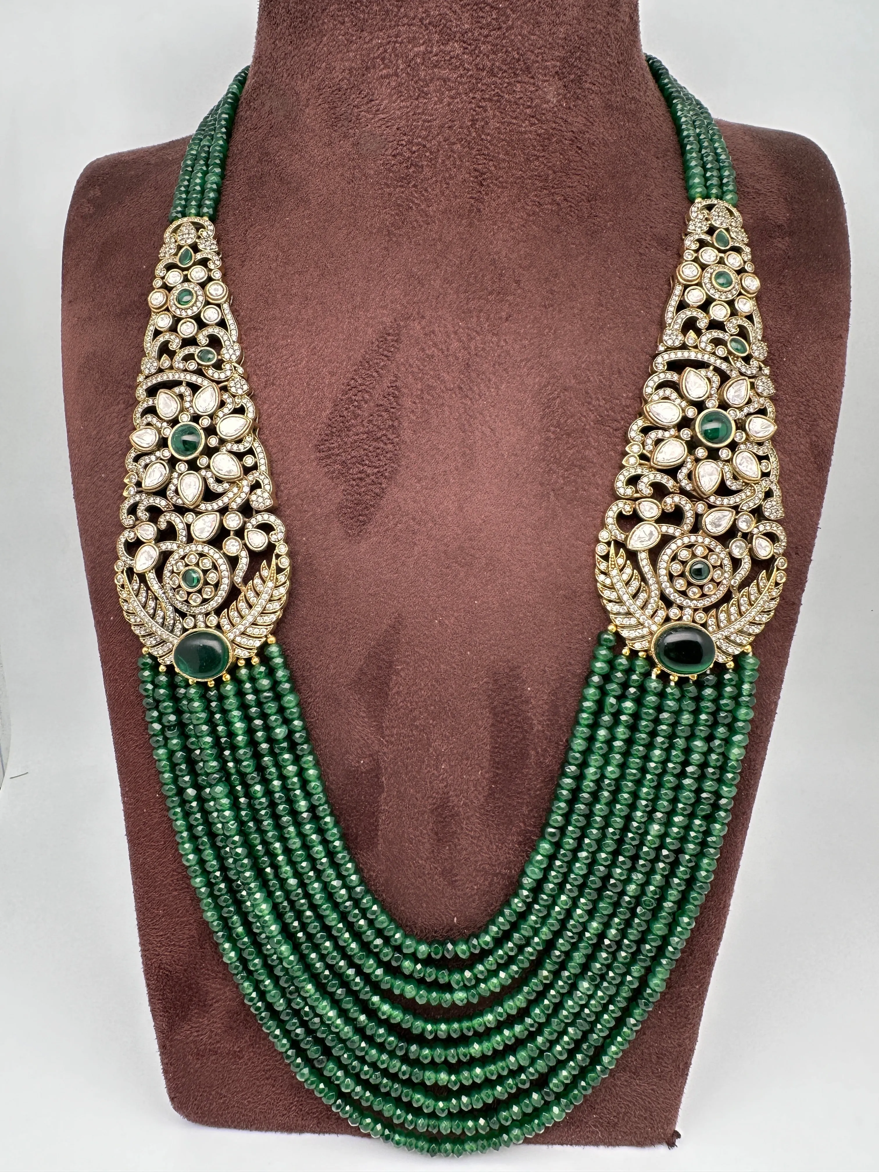Victorian Kundan Side Brochuer Green Onyx Beads Necklace