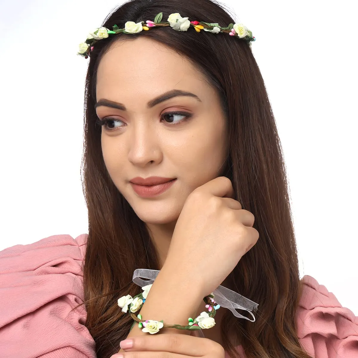 Yellow Chimes Floral Tiara and Bracelet Set for Women White Bridal Wedding Headband Hair Tiara For Women Bridesmaid Tiara Vines Set Hair Accessories.
